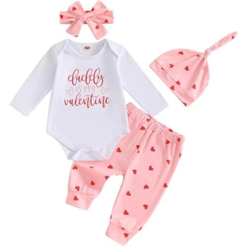 Karuedoo Newborn Infant Baby Girl Valentines Outfit Letter Print Long Sleeve Romper Heart Pants Headband Hat 4Pcs Sets