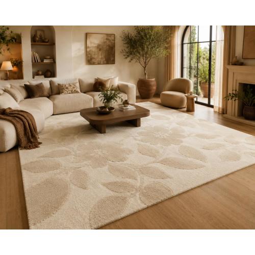 Neutral Floral Hand Tufted Wool Rug, Cream Beige Area Rug, Tonal Botanical Rug, Modern Minimalist Rug, Luxury Living Room Rug, Bedroom Rug