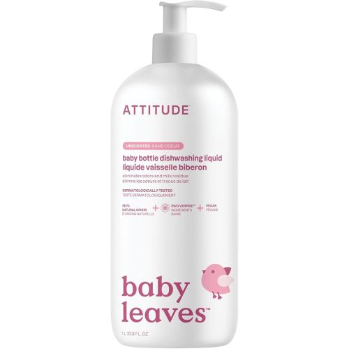 ATTITUDE Baby Dish Soap and Bottle Cleaner, EWG Verified Dishwashing Liquid, No Added Dyes or Fragrances, Tough on Milk Residue and Grease, Vegan, Unscented, 33.8 Fl Oz