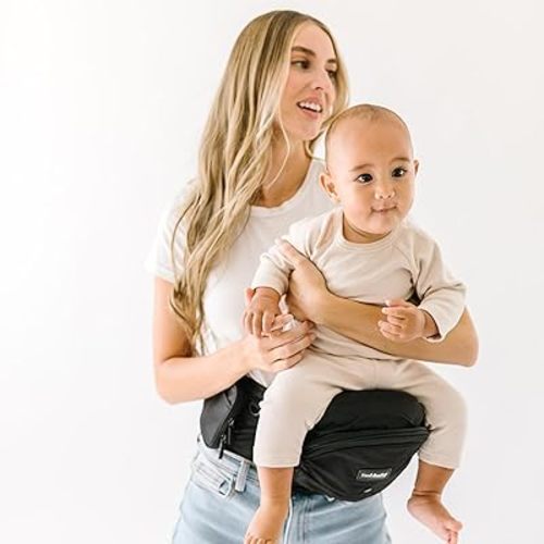 Tushbaby Safety-Certified Hip Carrier for Babies & Toddlers: Machine Washable Child Waist Seat for One Hand Support with Multi-Pocket Storage (23”-44” Waist, Holds Kids 0-3 yrs up to 45lbs) – Black
