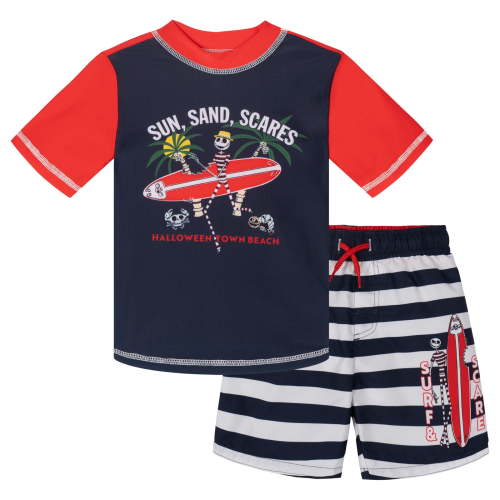Disney Nightmare Before Christmas Toddler Boys' Short Sleeve Rash Guard and Swim Trunks Set Navy and Red Jack Skellington