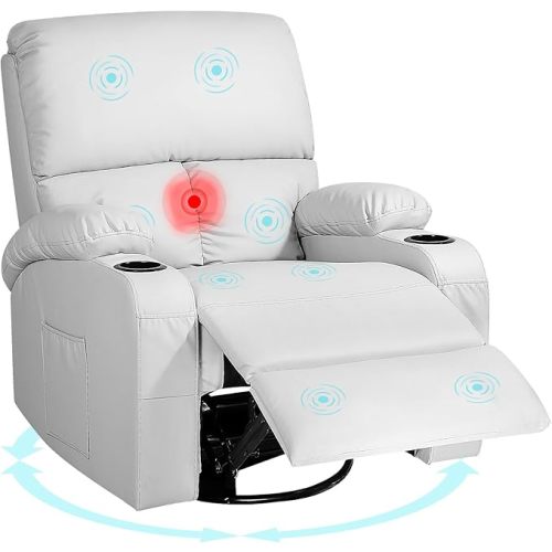 LAFWELL Rocking Recliner Chair, Massage Rocker Recliner Chair with Vibration Massage and Heat, USB and Type-C Ports,360° Swivel Faux Leather Chairs, Living Room, Bedroom, Nursery, RV, Grey