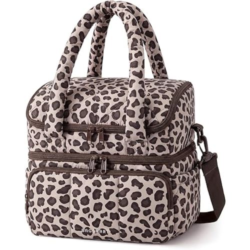 BAGSMART Lunch Bag Women, Double Deck Insulated Lunch Box, Quilted Puffer Lunch Tote, Leakproof, Durable & Reusable Large Lunch Cooler For Work Picnic Travel Meal Prep, Leopard