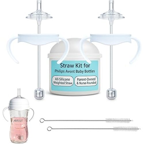 Straw Cup Conversion Kit for Philips Avent Natural Baby Bottles 2-Count, Food Grade Silicone Straw Nipples and Weighted Straw, Bottle Handles, Cleaning Brush, BPA-Free, Sippy Transition, 6+ Months