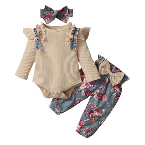 Odeerbi Baby Girls Clothes Infant Ruffle Long Sleeve Floral Print Bodysuit 3PCS Baby Layette Set