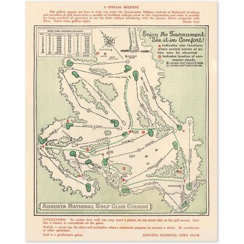 Masters Golf Wall Art – Vintage Augusta National Course Map 1954