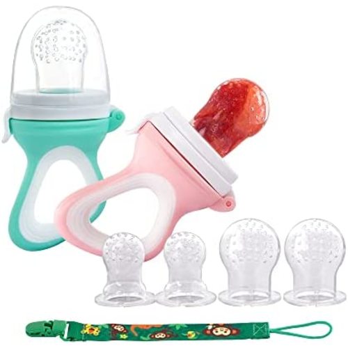 Baby Food Fruit Feeder Pacifier - Relief Teething Silicone Nipple Includes All The Sizes The Silicone Nipple Pouches Feeder Pacifier 6 Different Toy Teether in Appetite Stimulating, Pink/Cyan,2Pack