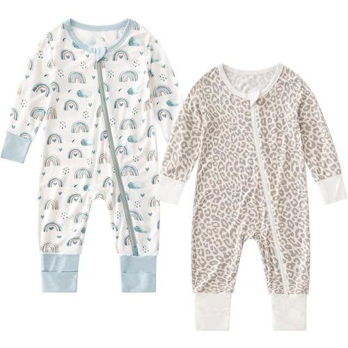 OPAWO Viscose from Bamboo Baby Pajamas Girl 2pack Mittens Cuff 2 Way Zipper Soft Footless Sleeper Baby Boy One-Piece Romper