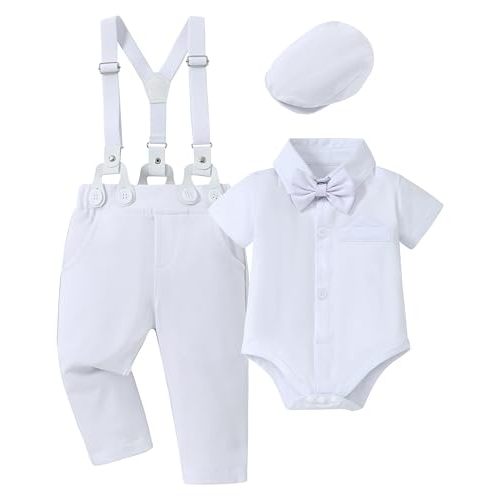 WESIDOM Baby Boy Clothes Suit 0-24M Infant Gentleman Wedding Outfit, Shirt+Bowtie+Beret+Suspender Pants Clothing Set