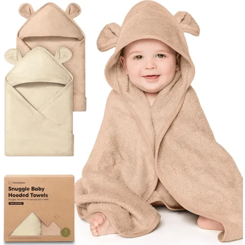 KeaBabies 2-Pack Hooded Baby Towels for Newborn - 30x30 Soft & Absorbent Viscose from Bamboo Baby Bath Towels with Hood for Infant, Toddler,Kids,Boys Girls,Newborn Bath Essentials (Almond, Petite)