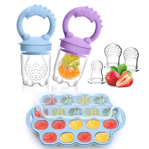 Silicone Baby Fruit Feeder & Breastmilk Popsicle Mold Freezer Tray, 2 Pack Baby Food Feeder with 6 Food Pacifiers to Introduce New Foods Silicone Teething Toys (Purple+Blue)