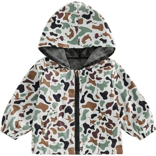 Toddler Boys Windbreaker Jacket Lightweight Zip Up Hooded Rain Coat | Camo Duck Hunting Jacket, Zipper Hooded Outerwear, Long Sleeve Raincoat, Kids Camouflage Rain Coat, Spring Fall Clothes