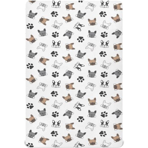 Fitted Crib Sheets Dog French Bulldog Pug Dog Paw Stretchy Portable Playard Sheets for Baby Toddler, Breathable Soft Mini Crib Mattress 39 x 27 in for Boys and Girls