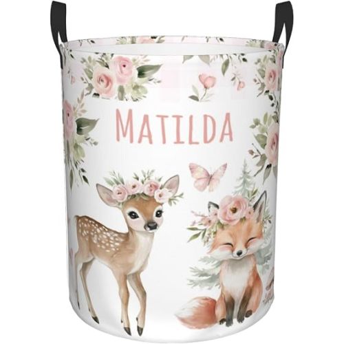 Personalized Laundry Hamper Basket with Name – Custom Foldable Storage Basket for Girls’ Bedroom & Nursery, Deer and Fox Design