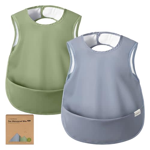 KeaBabies Waterproof Bibs for Baby Girl,Boy, 2-pk Lightweight (Slate) | Large Baby Bibs for Eating, Wearable Food Catcher, 6-12 Months Baby Feeding Essentials, Smock Bib for Toddlers 1-3, Kids