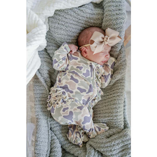 Ruffle Zipper Footie in Camo Cutie | Caden Lane