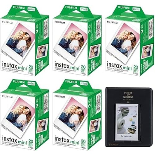 Fujifilm Instax Mini Instant Camera Film: 100 Shoots Total, (10 Sheets x 10) Bundle with Slinger 64 Pocket Mini Instax Photo Album, Black - Capture Memories Anytime, Anywhere