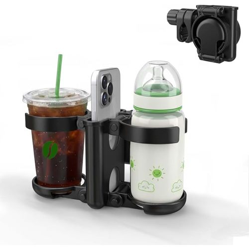 Stroller Cup Holder – 3-in-1 Bottle Holder with Phone Holder, Foldable Large Caliber Drink Holder for Wheelchair, Stroller, Bike, Walker, Scooter, Compatible with Uppababy, Doona, Nuna