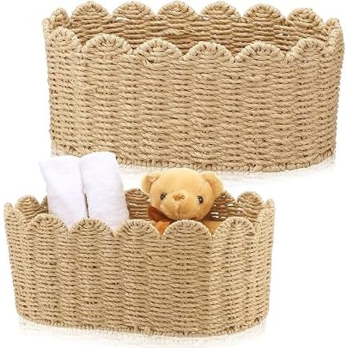 Hand Woven Scallop Basket Set of 2, Large-Capacity Imitation Hemp Rope Storage Basket, Home Decoration Ornaments, Elegant Scalloped Edge Wicker Basket,for Organizing Toiletries, Snacks, Toys