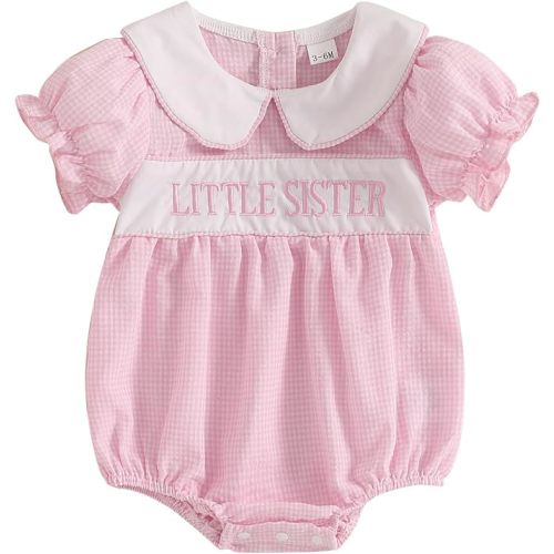 GOOCHEER Big Sister Baby Sister Matching Outfits Summer Short Sleeve Smocked Bubble Romper Plaid Smocked Dress Spring Clothes