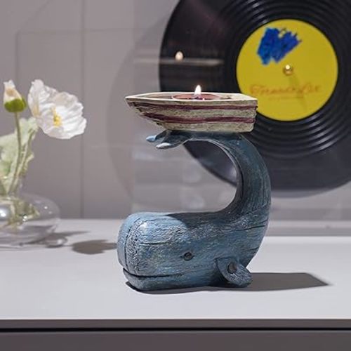 Tealight Candle Holders Home Decorations - Whale Candle Holder for Pillar Candles Nautical Ocean for Table Bathroom Living Room Décor Gifts 5.25 x 3 x 5.5 Inch Guichifun