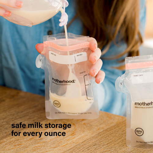 Motherhood Maternity Breastmilk Storage Bags 6 oz – Pre Sterilized Milk Storage Bags with Double Zipper Seal, Leak Resistant, Freezer Safe, BPA & BPS Free