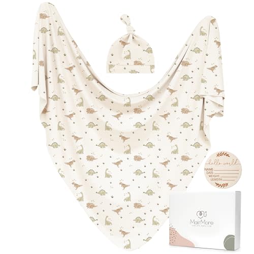 MairMore Baby Swaddle Receiving Blankets with Matching Beanie Set Newborn Nursery Swaddle Wrap for Baby Girls and Boys (Green Dinosaurs)