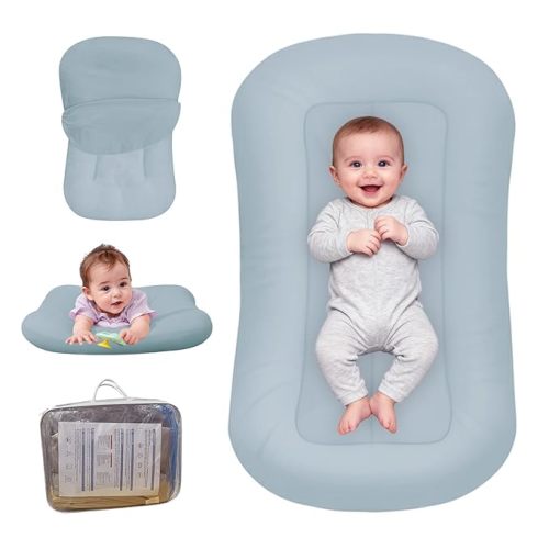 Baby Lounger for Newborn, Bionic Design Baby Lounger, Soft Organic Cotton Breathable Lounger for Infants 0-18 Months (Grayinsh Blue)