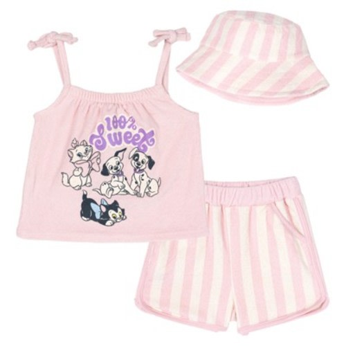 Disney Classics Newborn Baby Girls Loop Terry Cloth Square Neck Tank Top, Dolphin Shorts and Bucket Sun Hat 3 Piece Outfit Set Pink 3-6 Months