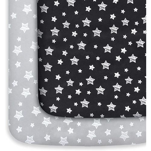 Pack and Play Sheets, 2 Pack Mini Crib Sheets, Stretchy Playard Fitted Sheet, Compatible with Graco Pack n Play, Soft and Breathable Material, Grey & Black