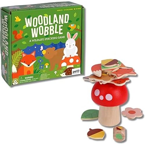 Petit Collage: Woodland Wobble | Wooden Stacking Game for Kids | Roll The Die and Stack The Objects on The Mushroom | Don't let The Tower Fall!| Great for Ages 4+