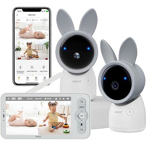 ARENTI Baby Monitor 2 Cameras, 3MP Baby Camera 2Pack with 5-inch LCD Screen, App Control, 2-Way Audio, Infrared Night Vision, Night Light, Temperature & Humidity Sensor, Cry & Motion Detection