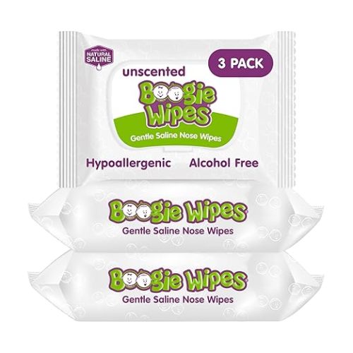 Boogie Wipes Saline Nose Wipes - 90 Count - Unscented, Hypoallergenic & Alcohol-Free - Allergy Relief - Made with Natural Saline, Aloe, Chamomile & Vitamin E - Diaper Bag Essential