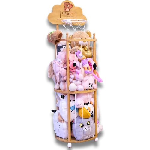 Stuffed Animal Storage Organizer with Basketball Hoop & Wheels - Montessori Wooden Toy Organizer for Kids, Rolling Plush Zoo Tower with Large Capacity for Playroom & Nursery