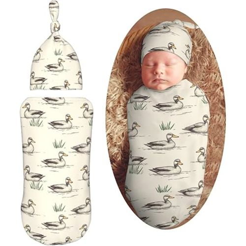 Mallard Ducks and Grass Newborn Swaddle Blankets Hat Sets Soft Baby Receiving Blanket Swaddle Sack for Baby Shower Infant Boy Girl Gift