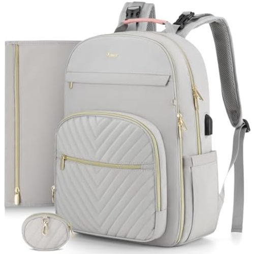 MOMUVO Diaper Bag Backpack, Quilted Baby Bag with Changing Pad and Stroller Straps and Pacifier Case, Multifunction Waterproof Travel Diaper Bags, Unisex, Light Grey and Pink