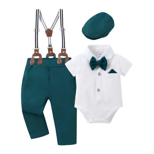 CARETOO Baby Boy Clothes Set Infant Tuxedo Short Sleeve Gentleman Suit Outfits + Beret Hat + Suspender Pants + Bowtie 3-6 Months