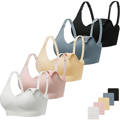 Angelhood Ribbed Nursing Bra Wireless V Neck Maternity Nursing Bra Low Cut Bralette Sleeping Breastfeeding with Extenders