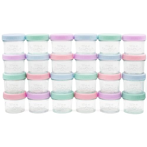 WeeSprout Baby Food Storage Glass Jars w/Lids (4 oz, 24 Pack) Pastel Variety, Snack, Reusable Small Containers, Fridge or Freezer, Microwave & Dishwasher Safe, Essentials for Infants