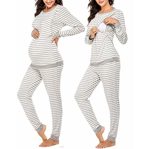 Ekouaer Maternity & Nursing Thermal Underwear Set Striped Knit Long Johns Set Top & Bottom Base Layer for Pregnant Women