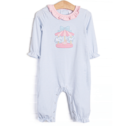 Classic Carousel Applique Romper, Blue Stripe
