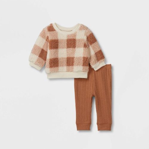 12M - Grayson Collective Baby 2pc Buffalo Plaid Sherpa Top & Leggings Set - Brown