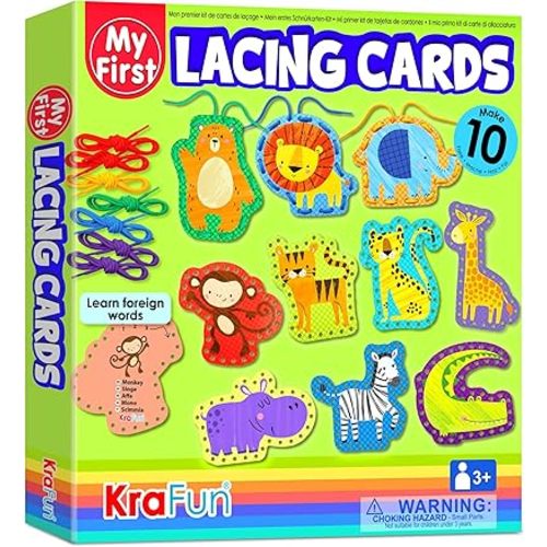 KRAFUN Safari Animal Preschool Arts & Crafts Lacing Kit, 10 Easy Lacing Cards for Toddlers Fine Motor Skills