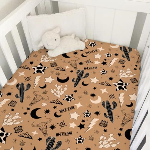 Vintage Western Cowboy Baby Crib Sheet 52''x28'' Retro Cow Skull Cactus Sun Moon Stars Snug Fitted Crib Mattress Cover for Boy Girl Wild Plants Soft Baby Bed Sheet for Standard Crib Toddler Mattress