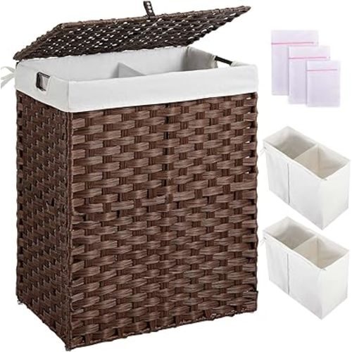 Greenstell Laundry Hamper with lid, No Install Needed, 90L Wicker Laundry Baskets Foldable 2 Removable Liner Bags, 2 Section Clothes Hamper Handwoven Rattan Laundry Basket with Handles, Brown