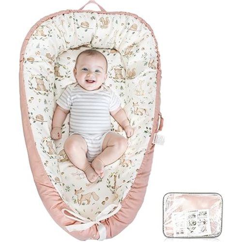 Baby Lounger Cover- Babies Nest for Newborn, Breathable & Soft Organic Cotton Lounger, Portable Baby Lounger Cover for Home & Travel, Ideal Newborn Essentials, Pink Bear