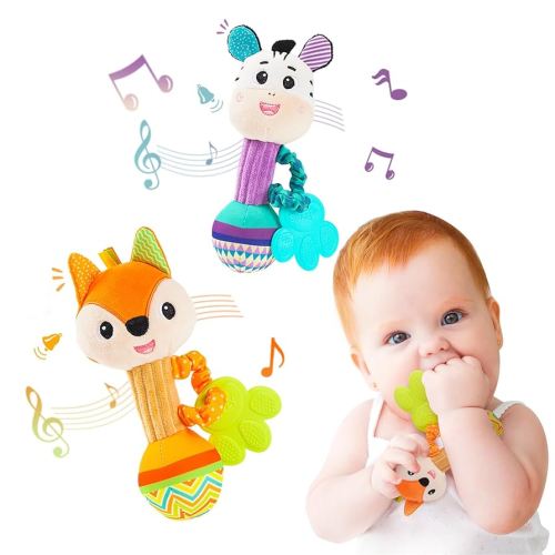 Baby rattles 0-6 months, Set of 2 rattles for babies 0-6 months, Soft Stuffed Animal Rattle Hand Grip Baby Toys, baby rattle Shaker Crinkle Squeaky Sensory Travel Accessories for 0 3 6 9 12 Months old
