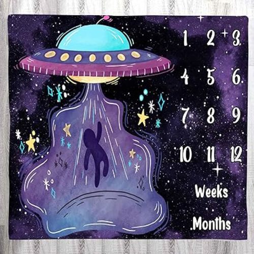 Space Baby Age Blanket, UFO Astronaut Baby Monthly Milestone Blanket Growth Chart Blanket, 48x40 inch Memory Blanket Nurse Receiving Blanket Baby swaddling Blanket BTLSLY259