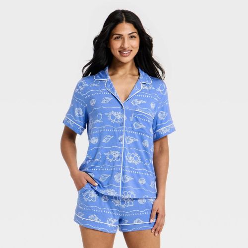 Women's Cloud Knit Short Sleeve Notch Collar Shirt and Shorts Pajama Set - Auden™ Blue Shells M