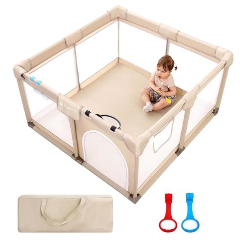 Joypony Baby Playpen with Mat, 50x50 in Small Play Pen for Babies, Toddler Playpen for Apartment, Indoors Play Yard with Soft Breathable Mesh (Beige with Mat)